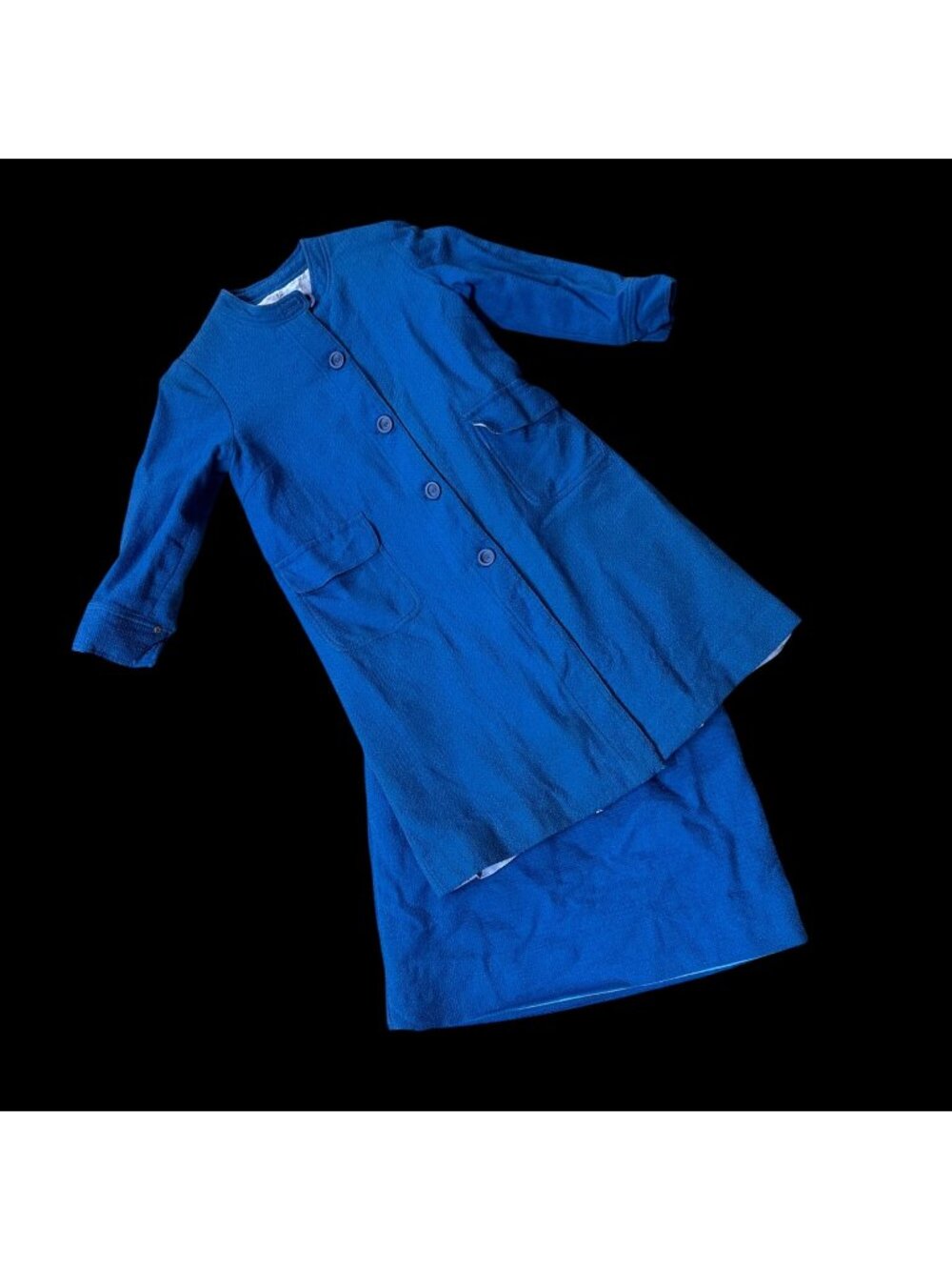 Vintage Blue Skirt Jacket Suit Set Handmade Mid Century Button Up Retro Fashion
